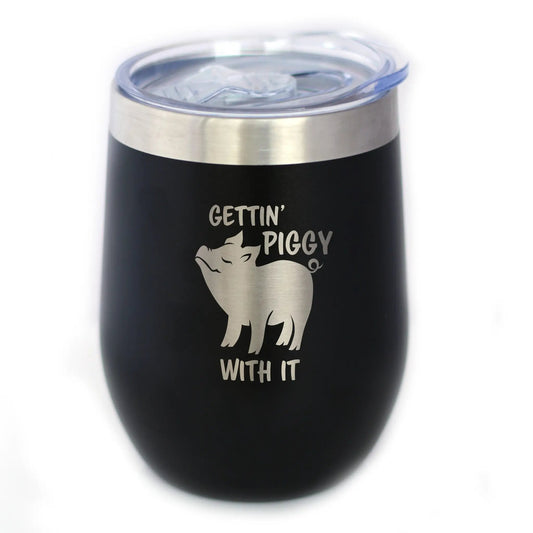 Gettin Piggy wine tumbler with sliding lid, black stainless steel body, bevvee branding on Tampa Home & Garden Store