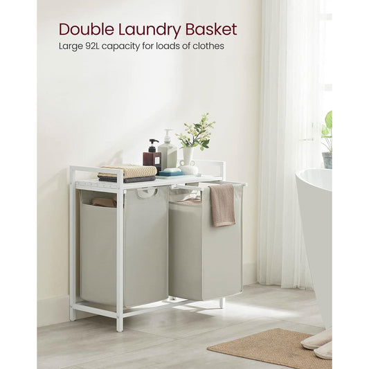 2-Basket Laundry Hamper Sorter White Frame Removable Bags and Top Storage Shelf - Tampa Home & Garden Store