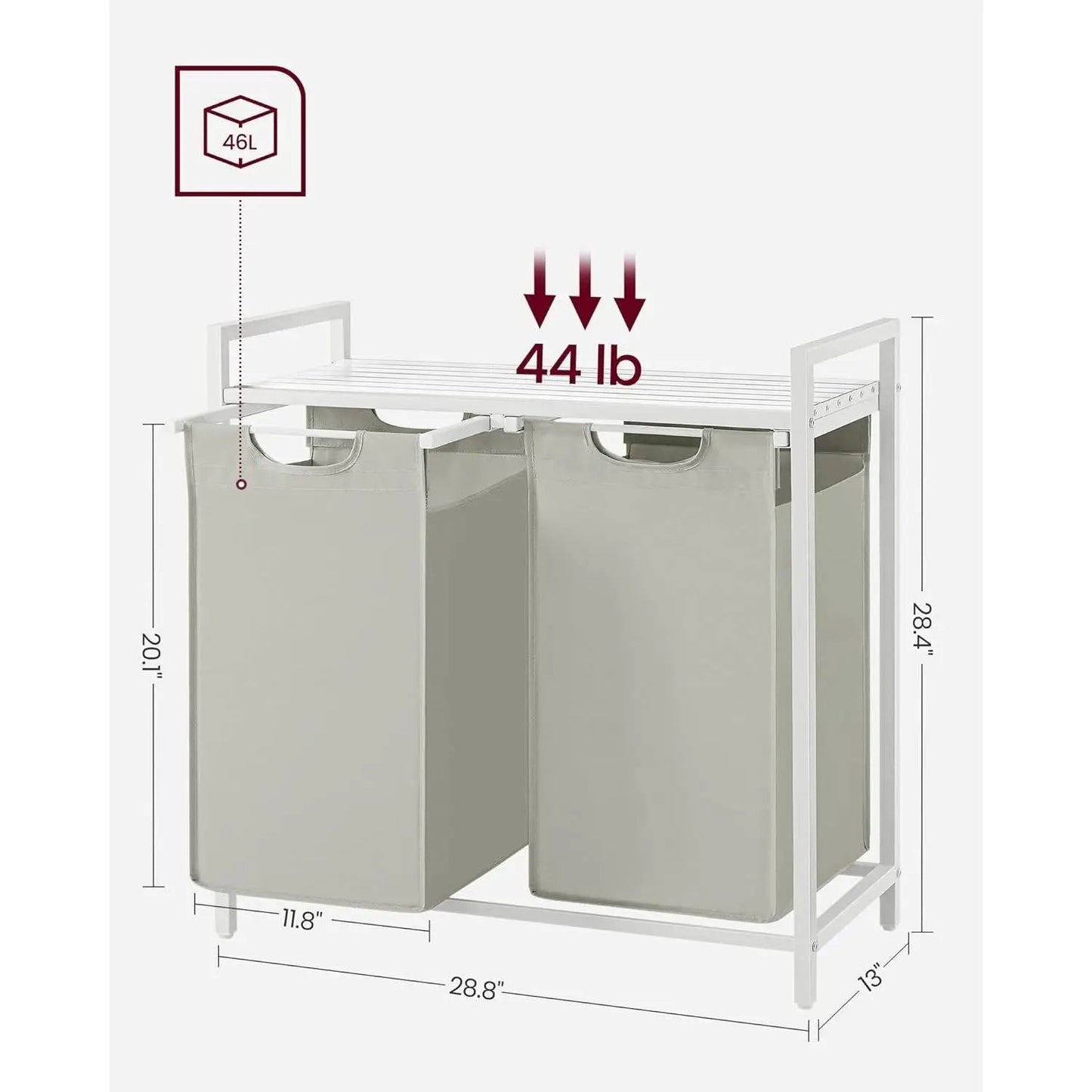 2-Basket Laundry Hamper Sorter White Frame Removable Bags and Top Storage Shelf - Tampa Home & Garden Store