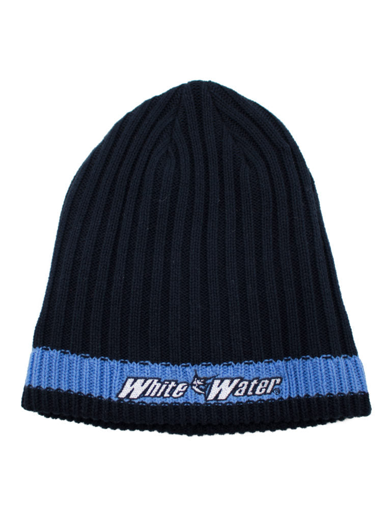 Flemish cap beanie navy knit with light blue cuff and White Water Life logo on Tampa Home & Garden Store