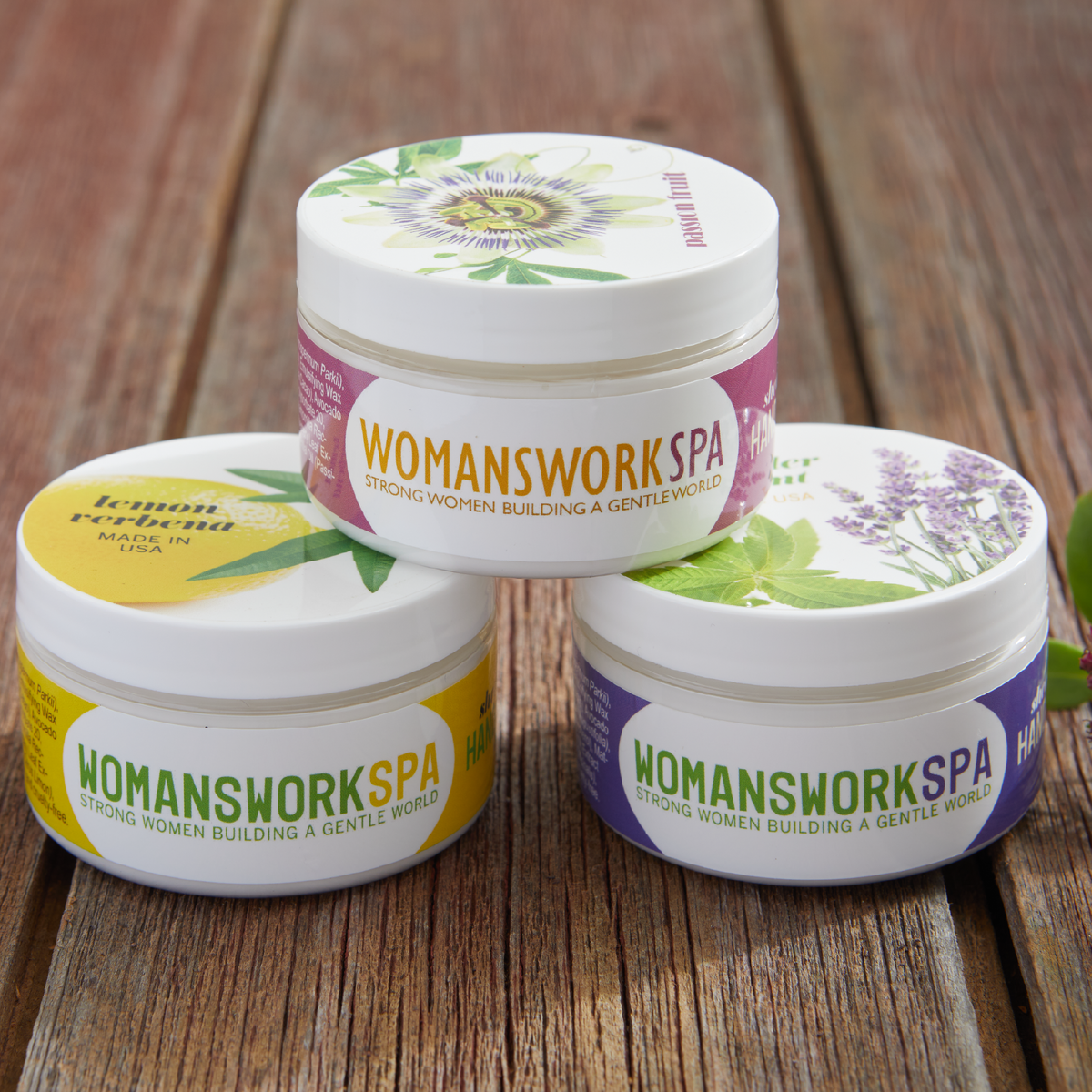 Passion Fruit Shea Butter Hand Cream from Womanswork, stacked on wood display on Tampa Home & Garden Store