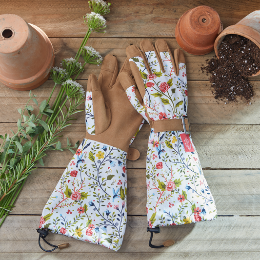 Arm Saver Gloves pair by Womanswork, floral print fabric with brown suede palms for gardening on Tampa Home & Garden Store