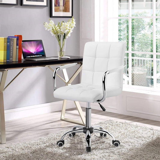 White Modern Faux Leather Mid-Back Swivel Office Chair with Armrests and Wheels - Tampa Home & Garden Store