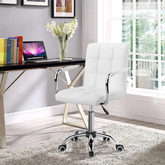 White faux-leather mid-back office chair with armrests and a chrome wheeled base on Tampa Home & Garden Store