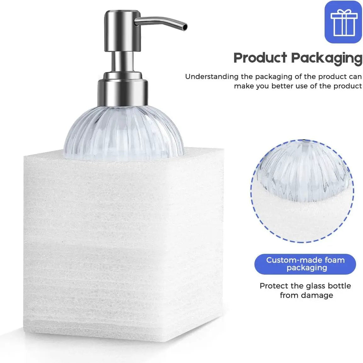 Wyok Glass Soap Dispenser Set 2-pack with ribbed clear glass and chrome pump on foam packaging on Tampa Home & Garden Store