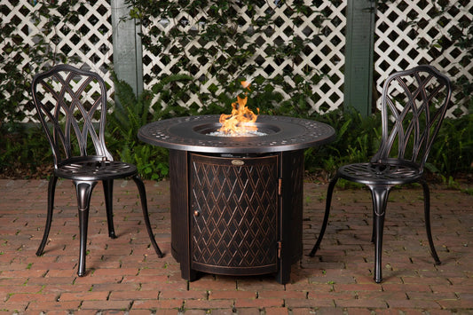 Wagner 33in round aluminum LPG fire pit with bronze lattice body on Tampa Home & Garden Store