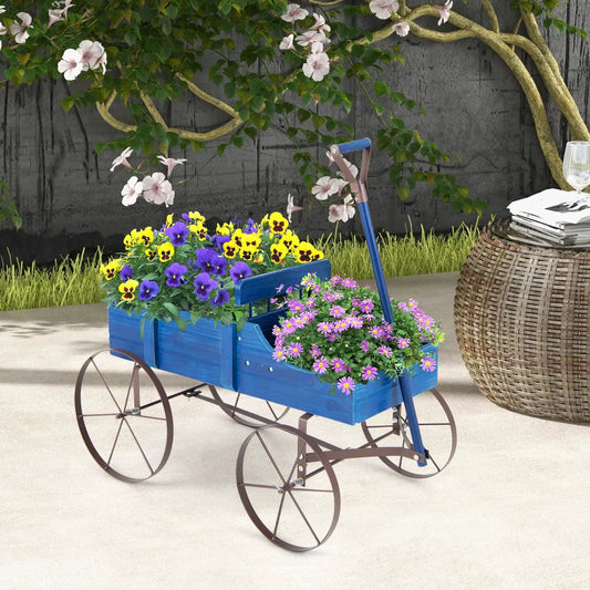 Wooden Wagon Plant Bed with Metal Wheels for Garden Yard Patio-Blue - Tampa Home & Garden Store