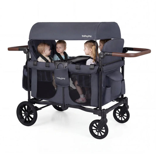 Foldable 4-Seater Wagon Stroller for four kids, navy fabric with brown handles Babyjoy on Tampa Home & Garden Store
