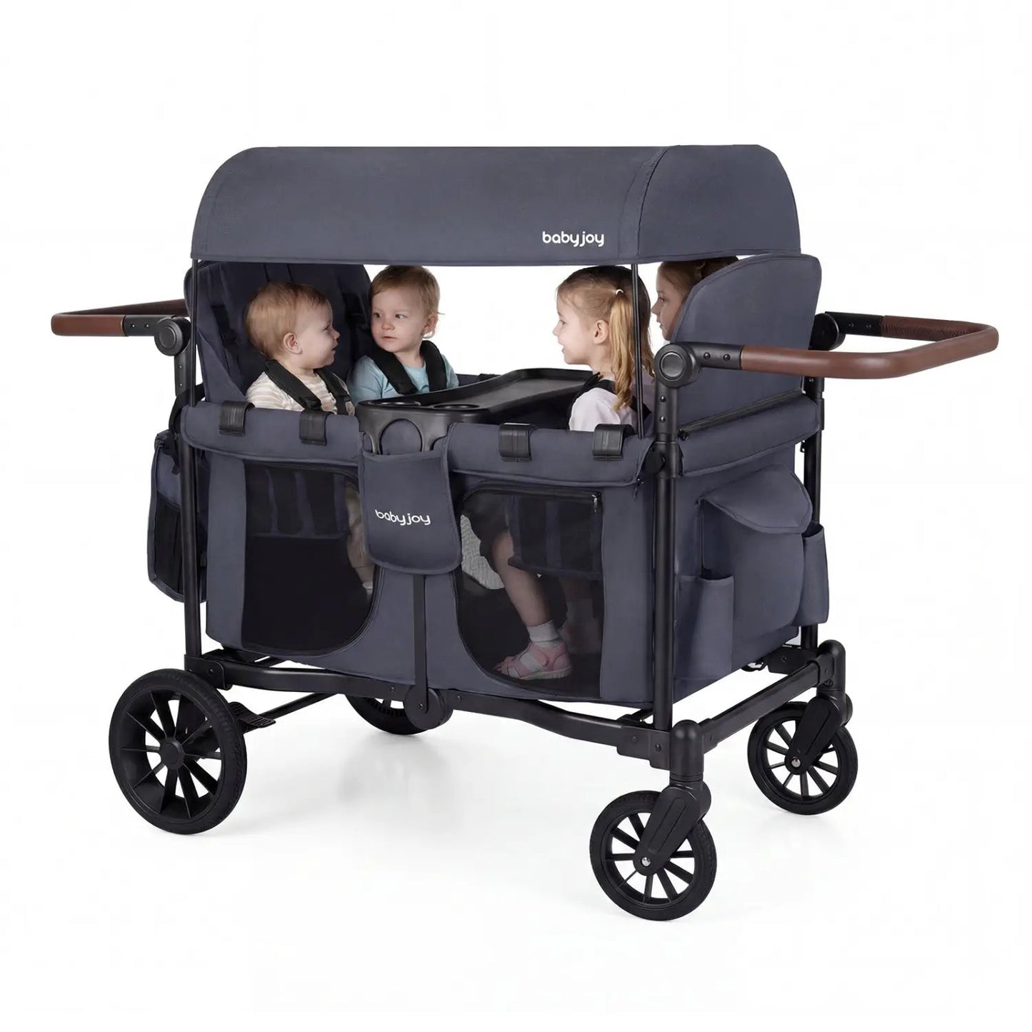 Foldable 4-Seater Wagon Stroller for four kids, navy fabric with brown handles Babyjoy on Tampa Home & Garden Store