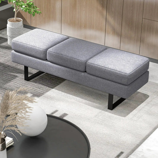 Waiting room long bench with metal legs, three cushions, gray fabric on Tampa Home & Garden Store
