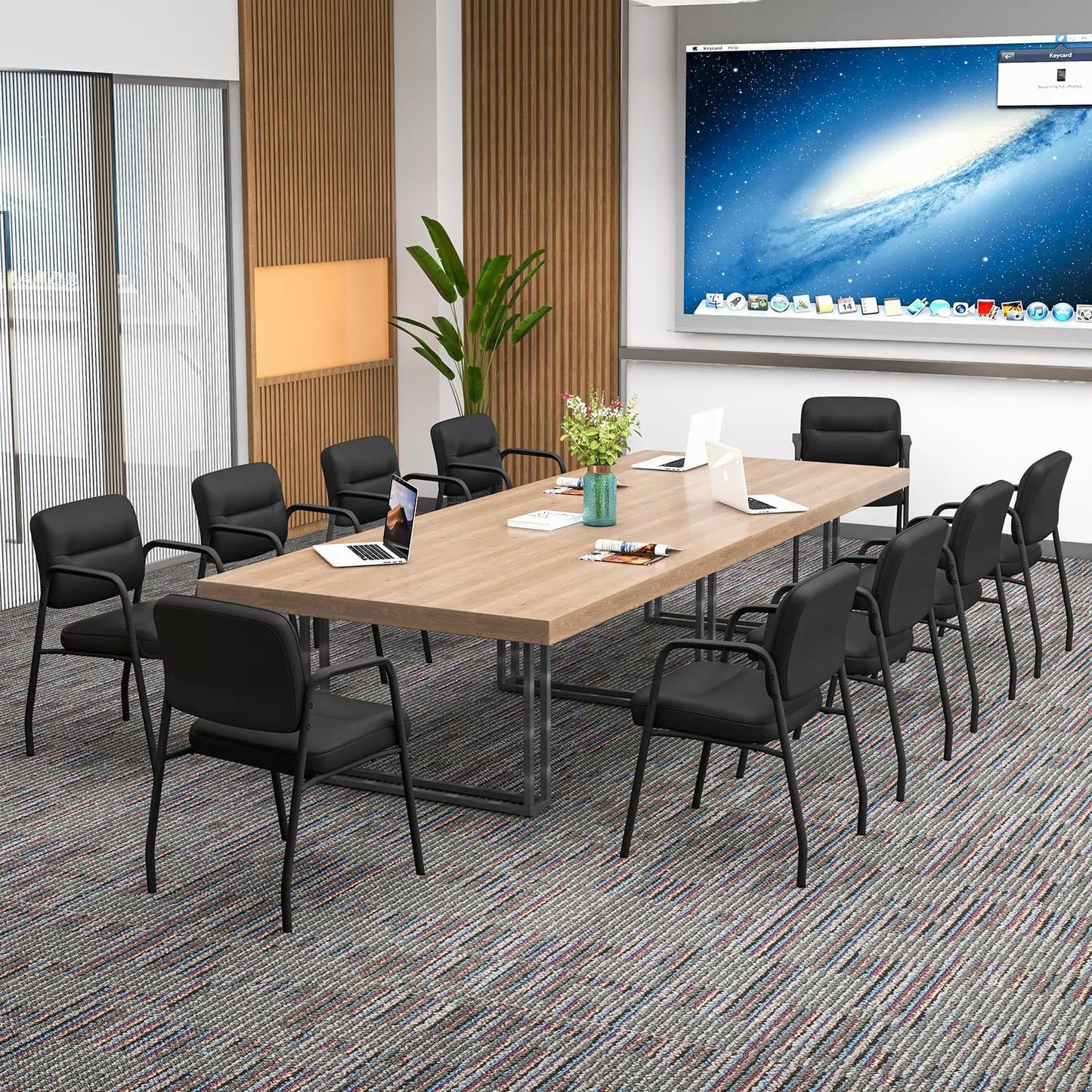Waiting room chairs with armrests, black PU upholstery around a wood table in an office on Tampa Home & Garden Store