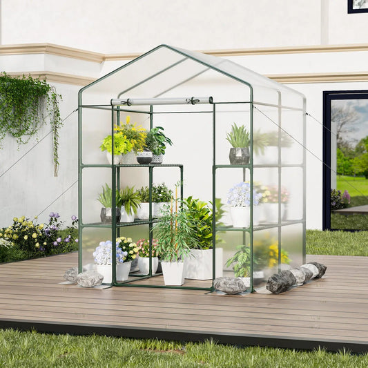 Walk-In Greenhouse with 3 Tiers and 8 Shelves, green frame, clear PVC cover on Tampa Home & Garden Store