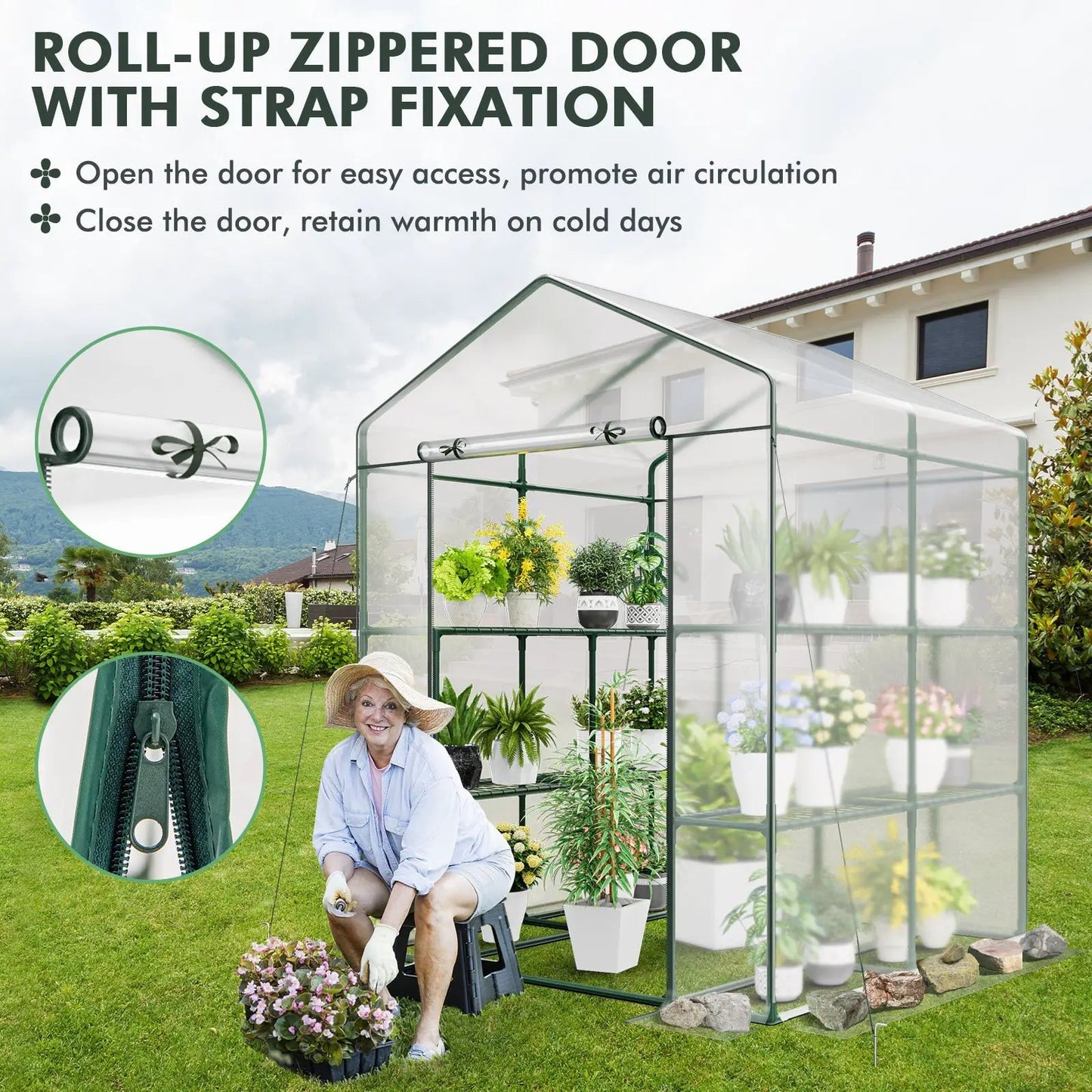 Walk-in Greenhouse with 3 Tiers 8 Shelves PVC Cover Roll-up Zippered Door - Tampa Home & Garden Store