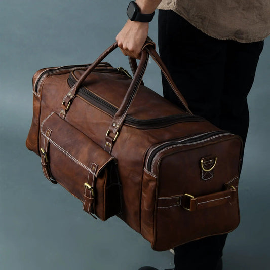 Walker Leather Weekender Bag and Toiletry Bag in brown leather with brass hardware on Tampa Home & Garden Store