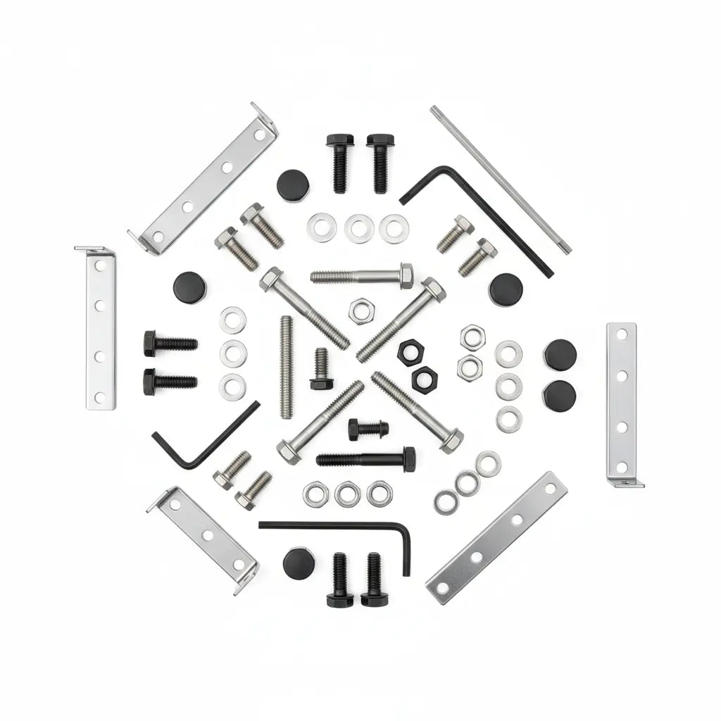 Walker wooden chair hardware kit with silver bolts, washers, nuts, hex keys, and brackets on Tampa Home & Garden Store
