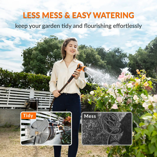Wall Mounted Hose Reel by Giraffe Tools, stainless steel, heavy-duty manual crank on Tampa Home & Garden Store