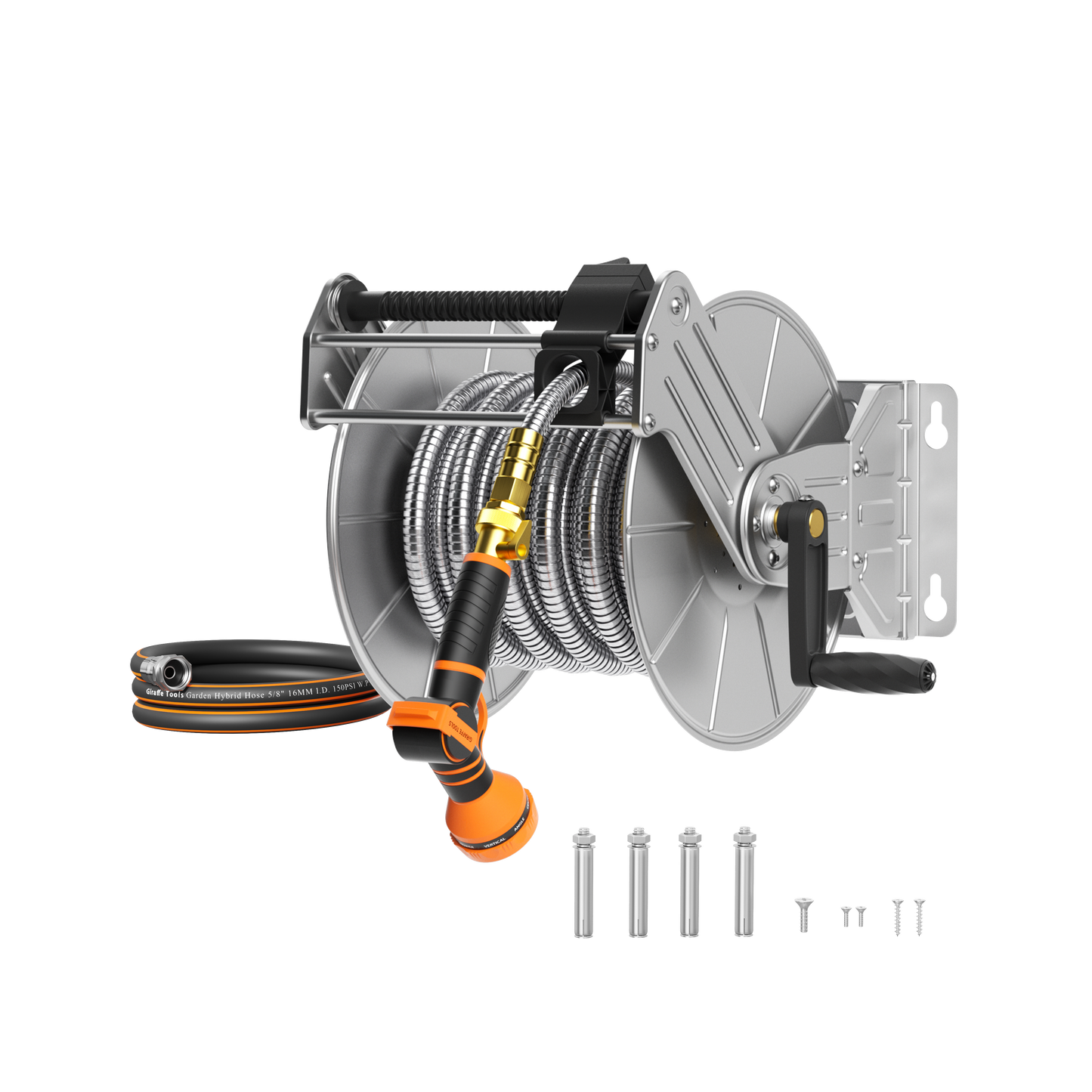 Wall Mounted Hose Reel Giraffe Tools stainless steel manual crank heavy-duty on Tampa Home & Garden Store