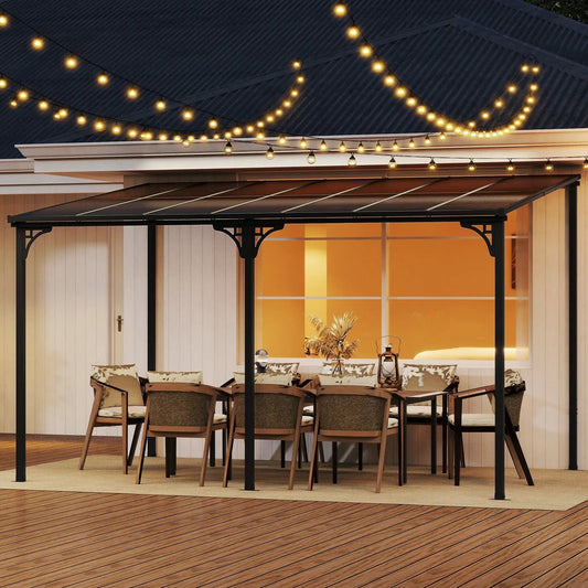 Wall-Mounted Patio Gazebo with Sloped Poly Roof, black metal frame and outdoor dining set on Tampa Home & Garden Store