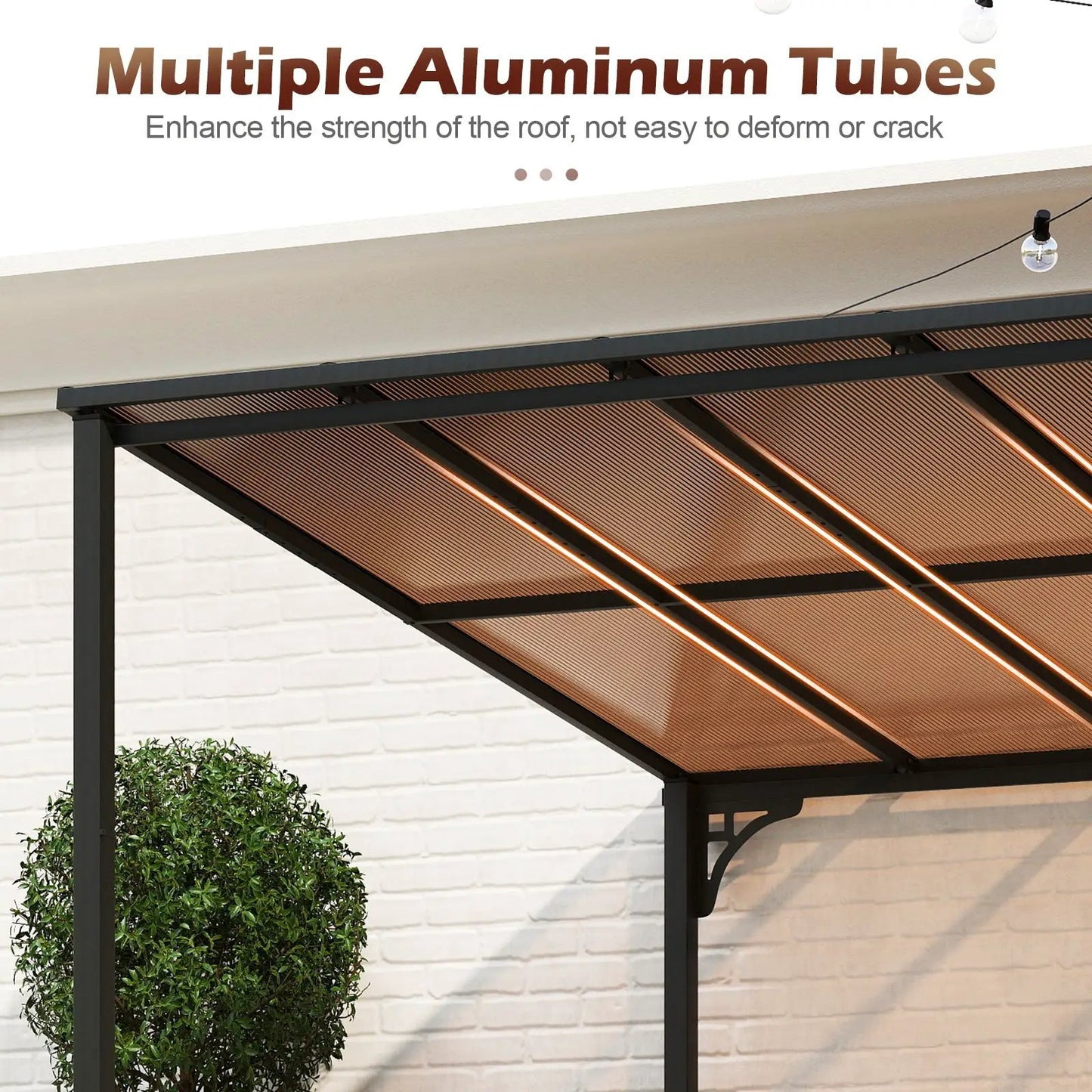 Wall Mounted Patio Gazebo with Sloped Poly Roof, black frame, brown slatted roof panels on Tampa Home & Garden Store