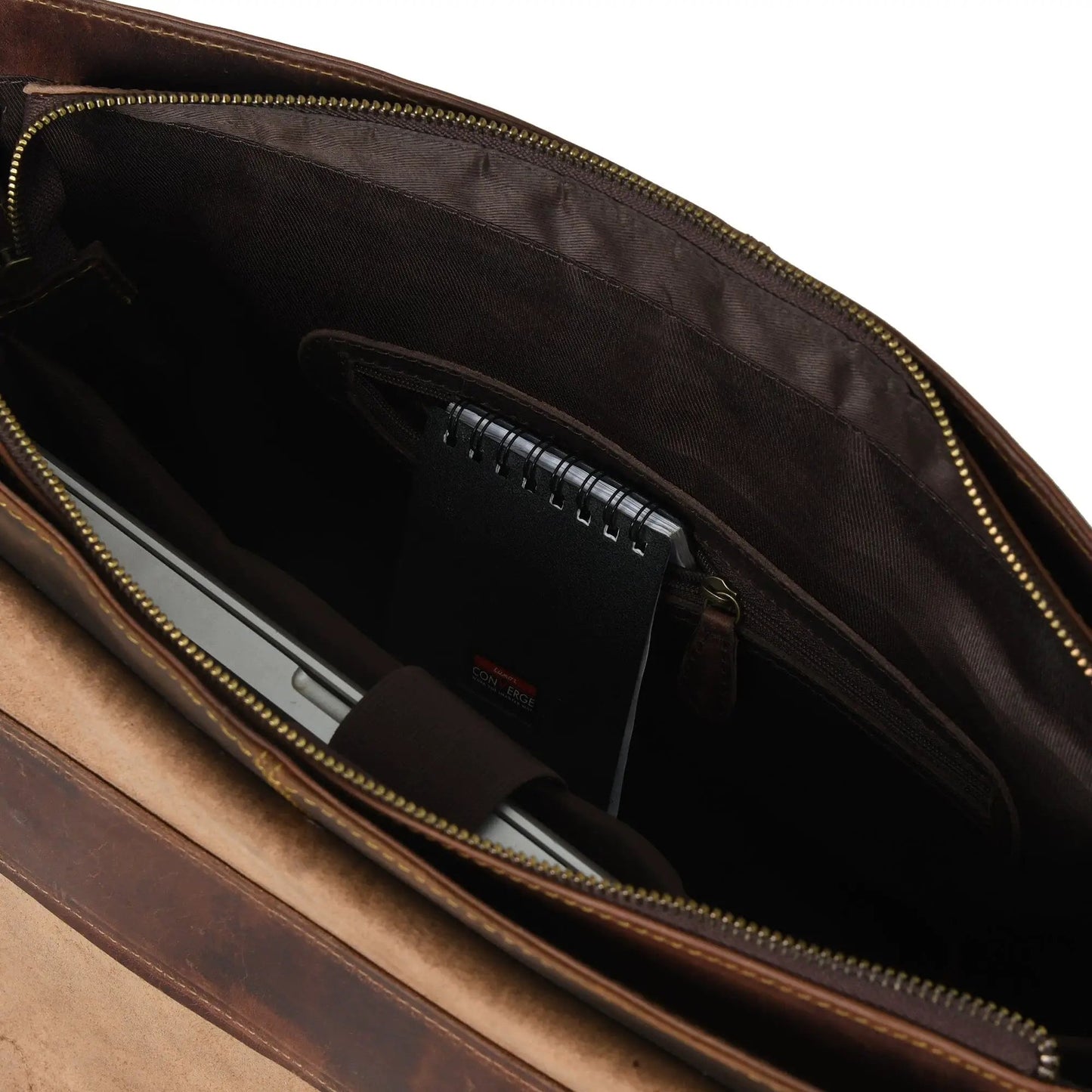 Wall Street Briefcase Leather Messenger Bag brown interior with zipper and organizer on Tampa Home & Garden Store