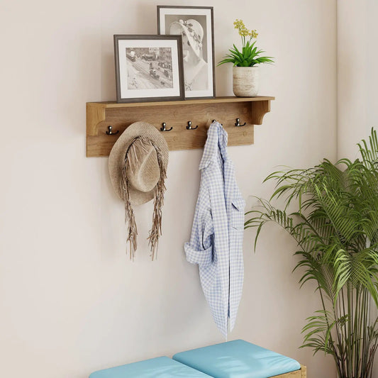 Wooden Coat Rack With Shelf and Six Hooks natural wood finish with black hooks and top shelf display on Tampa Home & Garden Store