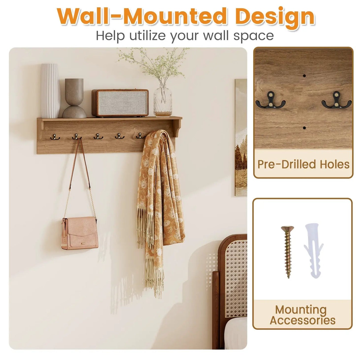 Natural wood wall-mounted coat rack with shelf, 31.5-inch length, six black hooks on Tampa Home & Garden Store