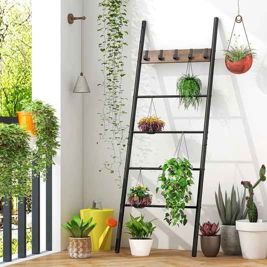 Wall-Leaning Blanket Holder with 5 Hooks, black metal frame and wooden top by DirectDeals on Tampa Home & Garden Store