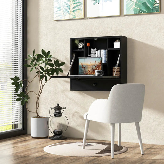 Wall Mount Floating Laptop Desk Workstation black fold-out desk with shelves; laptop on surface in home office on Tampa Home & Garden Store