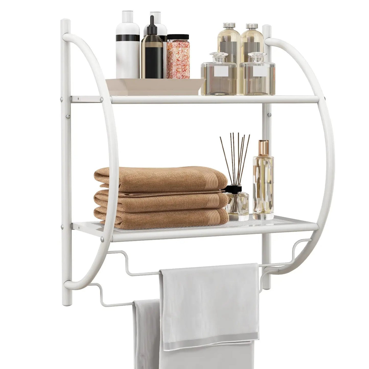 Wall Mounted 2-Tier Towel Rack with 2 Bars, white metal frame and circular side rails on Tampa Home & Garden Store