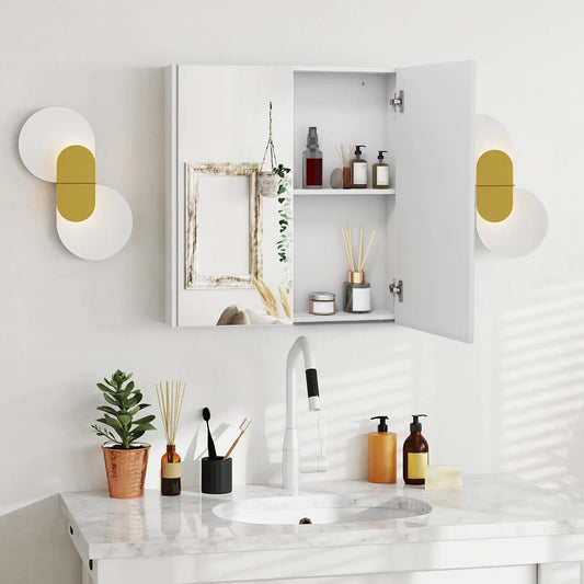 White double-door bathroom wall cabinet with mirrored left panel and bottles on interior shelf on Tampa Home & Garden Store