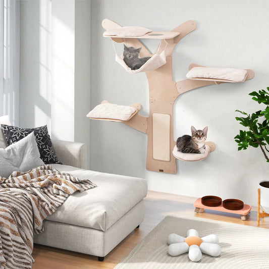Wall-mounted cat tower with hammock and cushioned platforms with two cats on natural wood DirectDeals on Tampa Home & Garden Store