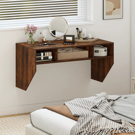 Wall Mounted Computer Desk With Floating Laptop in dark wood finish with 3 storage compartments on Tampa Home & Garden Store