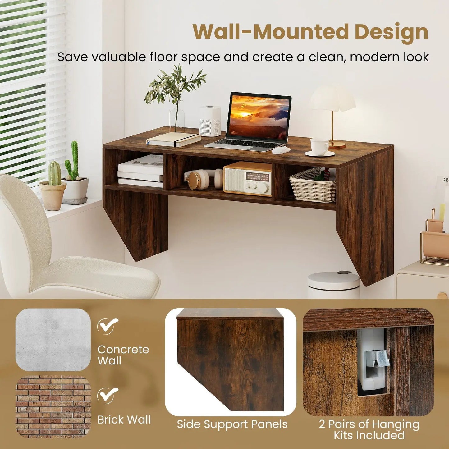 Wall Mounted Floating Computer Desk in dark wood with 3 cubby compartments on Tampa Home & Garden Store