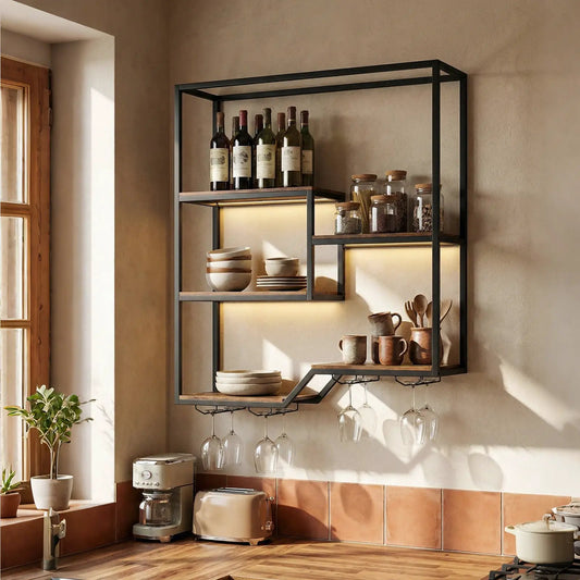 Wall Mounted Wine Rack 6-Tier in black metal with wood shelves; bottle display and glass rack on Tampa Home & Garden Store
