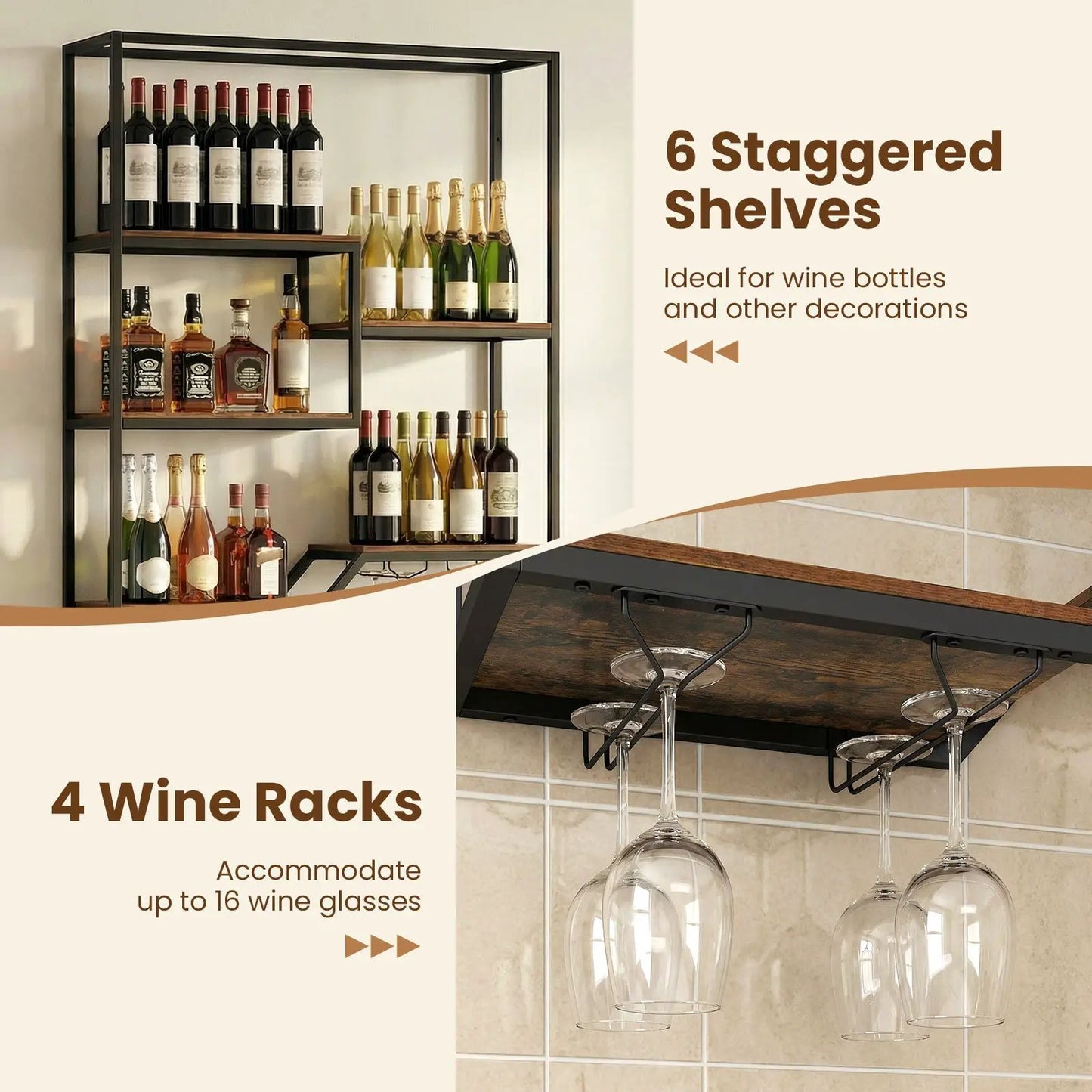 Wall Mounted 6-Tier Wine Rack with black metal frame and wood shelves DirectDeals on Tampa Home & Garden Store