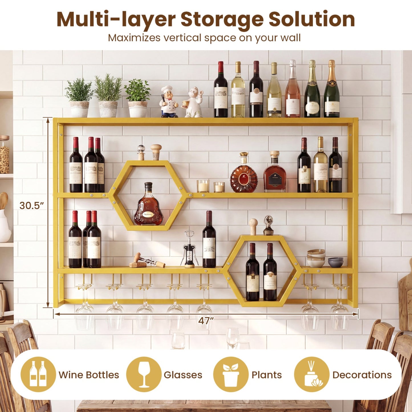 Wall Mounted 47-Inch Gold Wine Rack with shelf holding bottles and glasses DirectDeals on Tampa Home & Garden Store