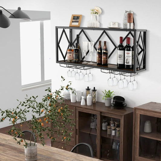 Wall mounted black metal wine rack with diamond lattice for 39 bottles and 12 glasses on Tampa Home & Garden Store