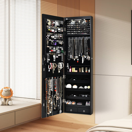 Wall and Door Mounted Mirrored Jewelry Cabinet with Lights-Black - Tampa Home & Garden Store