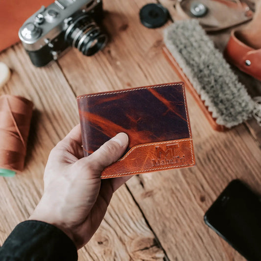 Buffalo Leather Bi Fold Wallet With ID Window brown slim with contrast stitching on Tampa Home & Garden Store