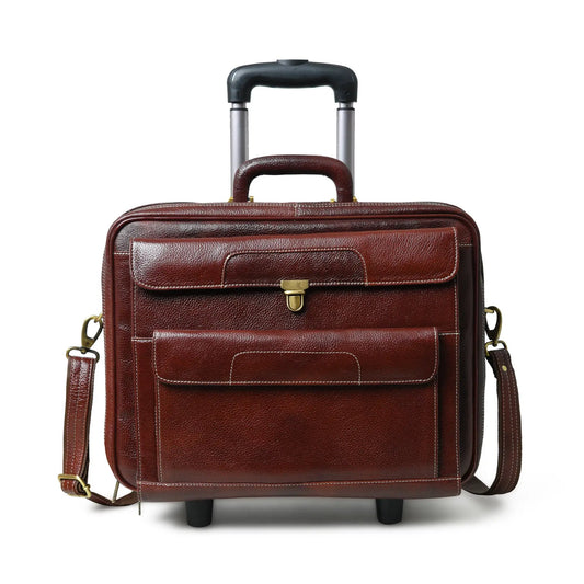 Weekend Wanderer Leather Suitcase Bag burgundy pebbled leather carry-on trolley with gold hardware on Tampa Home & Garden Store