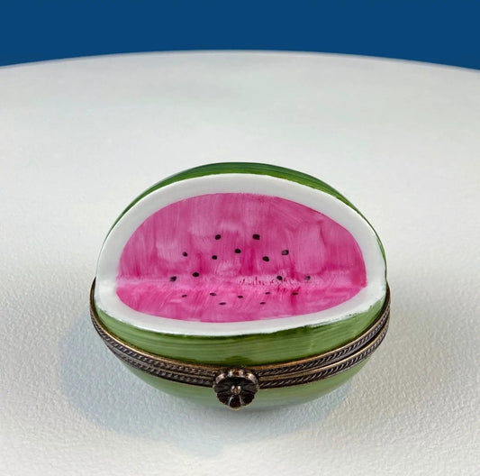 Watermelon Shaped Limoges Box porcelain trinket box with flower clasp green rind pink flesh on Tampa Home & Garden Store