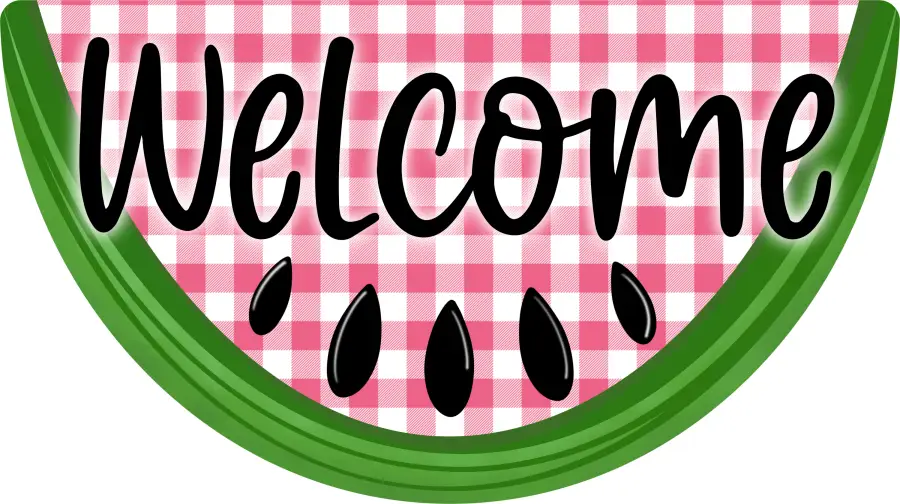 Door Hanger Watermelon Sign Welcome birch wood, pink gingham backdrop, green rind on Tampa Home & Garden Store
