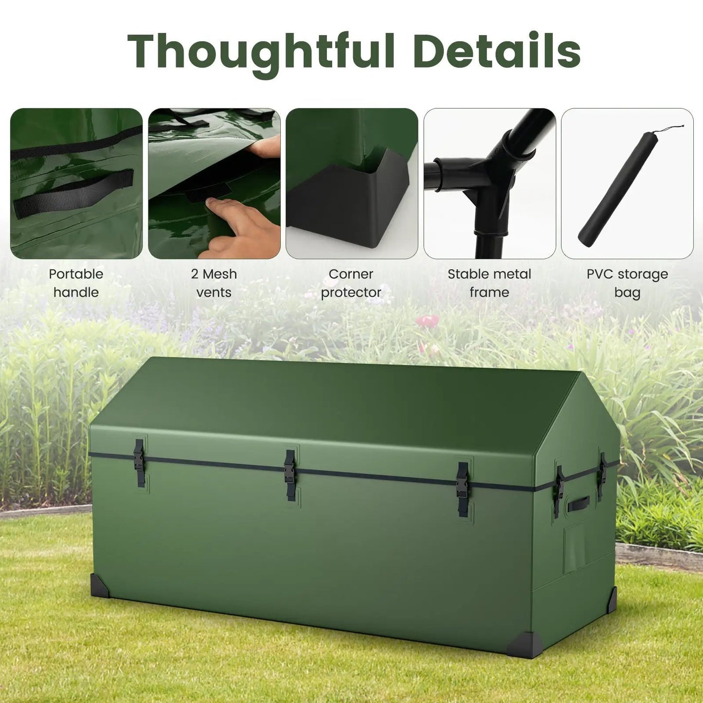 Waterproof outdoor storage box in dark green with vent window DirectDeals on Tampa Home & Garden Store