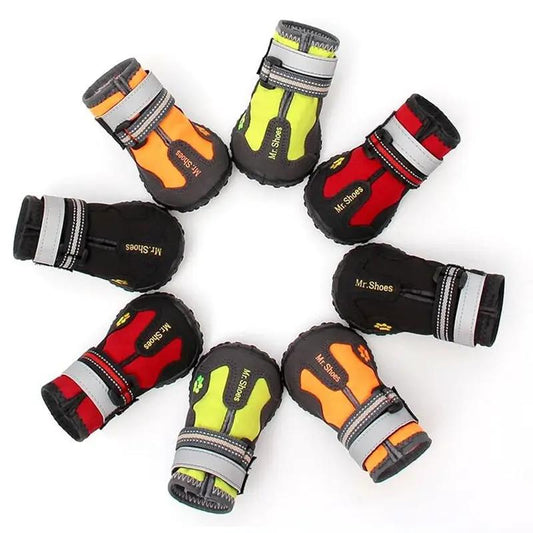 Waterproof dog boots set in orange, lime, red and black with gray straps Mr Shoes branding on Tampa Home & Garden Store