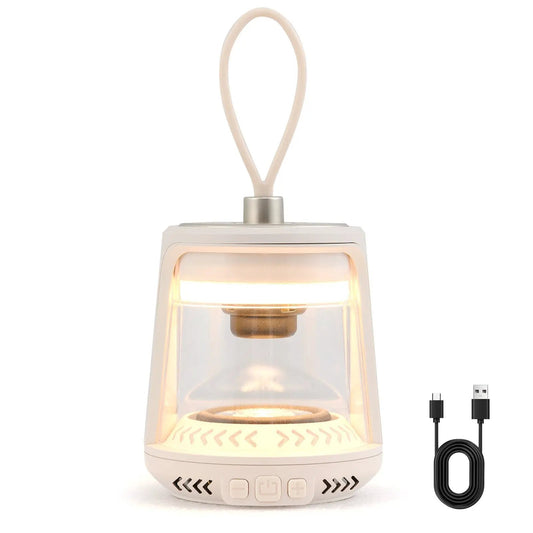 Waterproof camping lantern speaker beige with loop handle and LED glow, USB cable included on Tampa Home & Garden Store