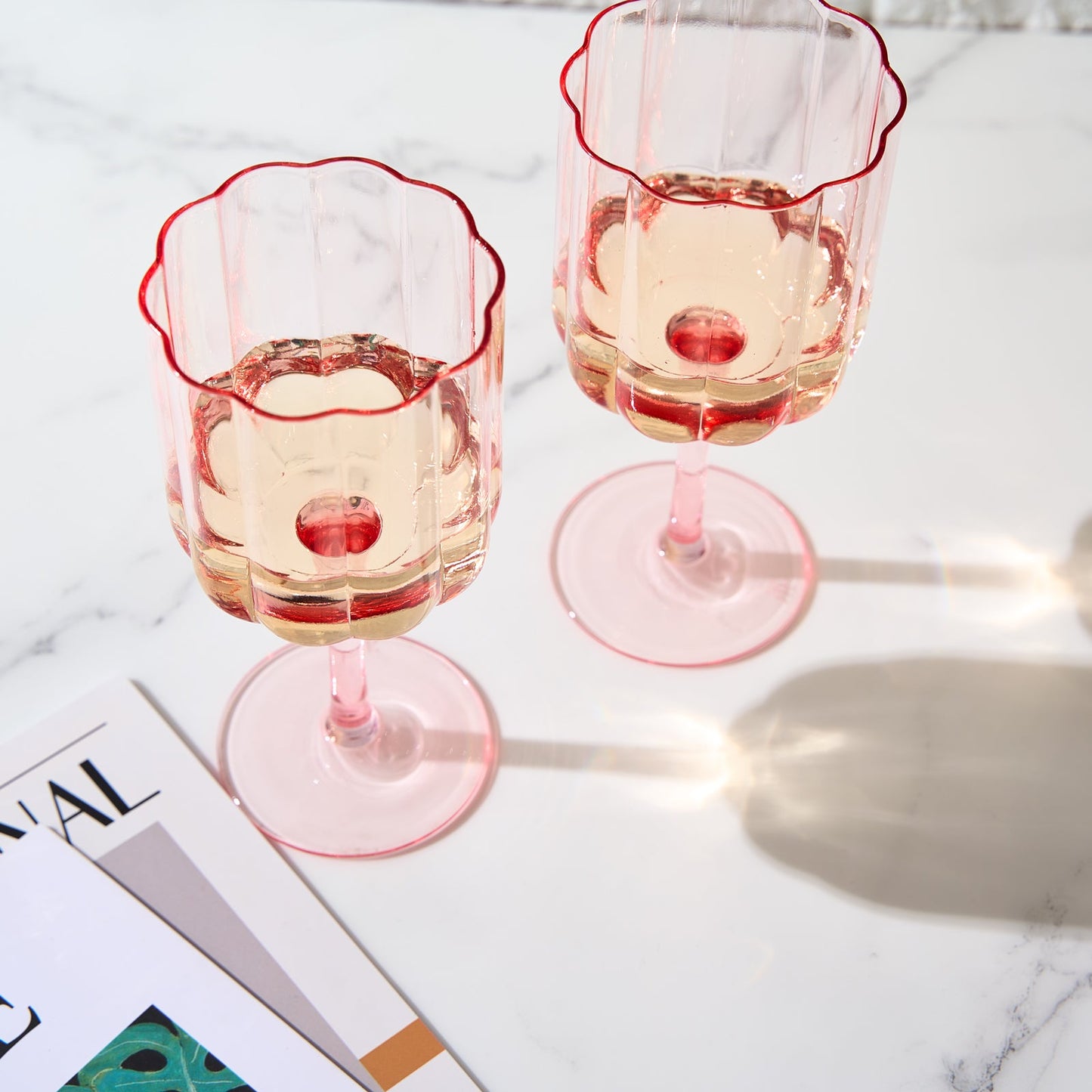 Set of Two Pink Flower Wave Stemmed Wine Glasses