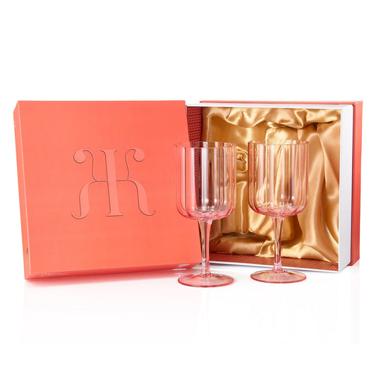 Set of Two Pink Flower Wave Stemmed Wine Glasses