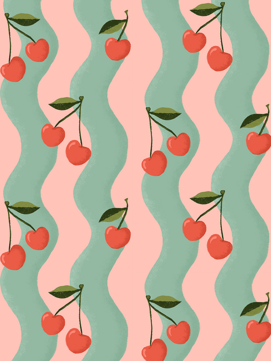 Wallpaper Wavy Cherry pink and teal with cherries on stems by Samantha Santana Creative on Tampa Home & Garden Store