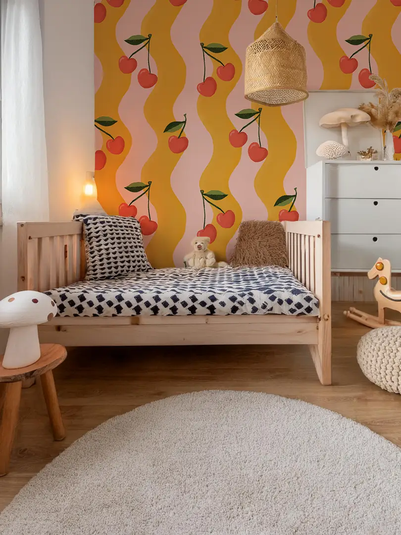Wavy Cherry Wallpaper pink and yellow cherry motif for a kids room on Tampa Home & Garden Store