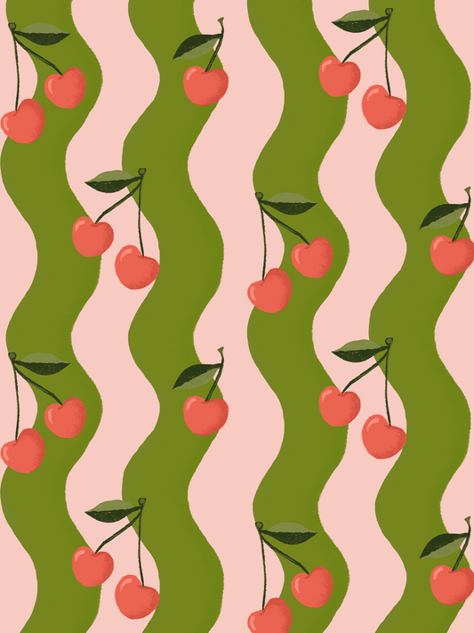 Wallpaper Wavy Cherry pattern pink and olive green with cherries Samantha Santana Creative on Tampa Home & Garden Store